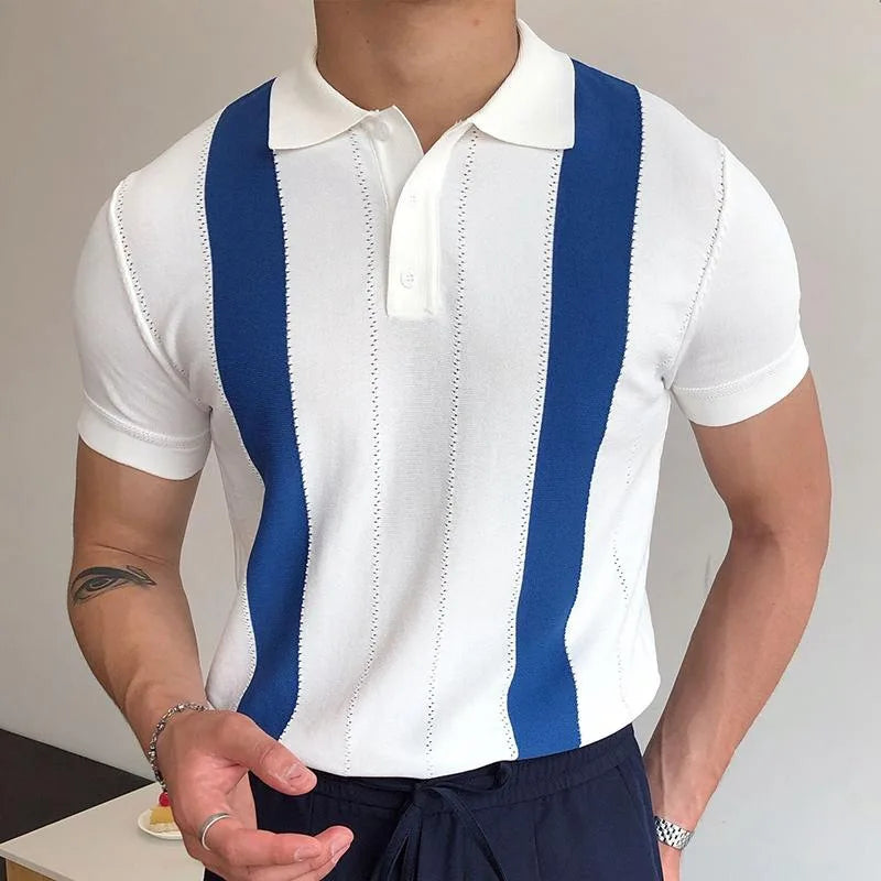 Co brandy Fashion Striped Patchwork Slim Polo Shirts For Men 2021 Summer Short Sleeve Casual Tops Men's Button Turn-down Collar Polo Shirt