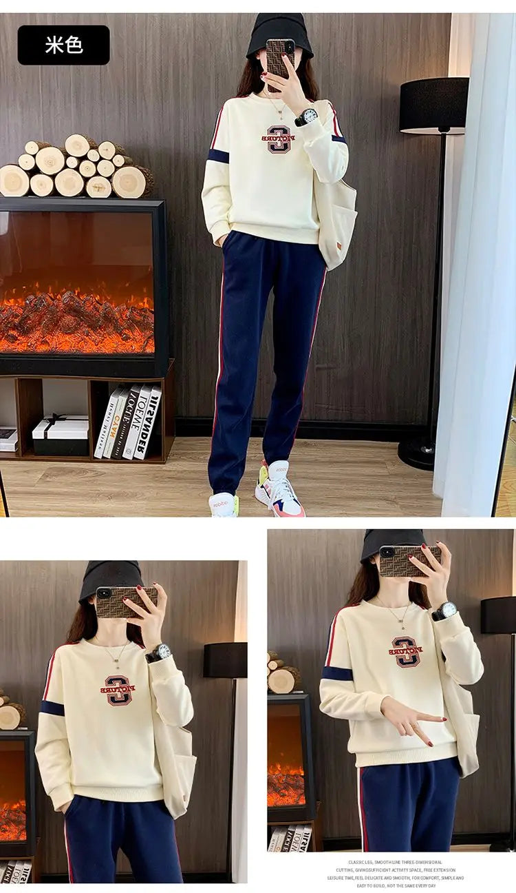 Co brandy High End Pure Cotton Casual Suit for Women's Spring and Autumn Thin 2025 Round Neck Oversized Running Suit Two Piece Set pant Set