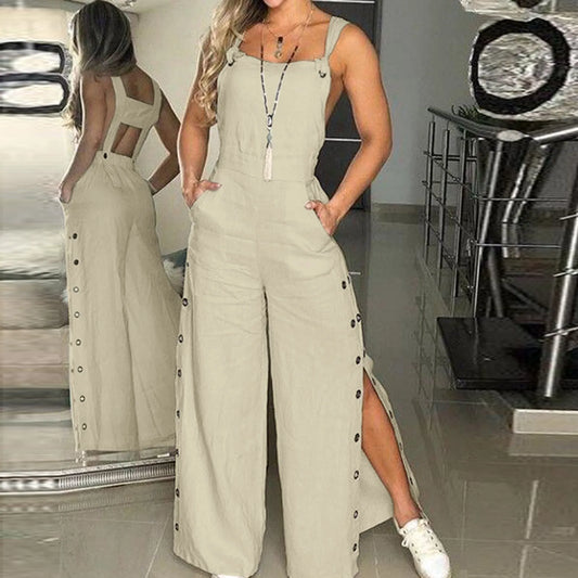 Co brandy Fashion Casual Side Slits Women's Jumpsuit Summer 2025 New Loose Sleeveless Overalls Wide Leg Jumpsuit Elegant Cotton Linen Suit