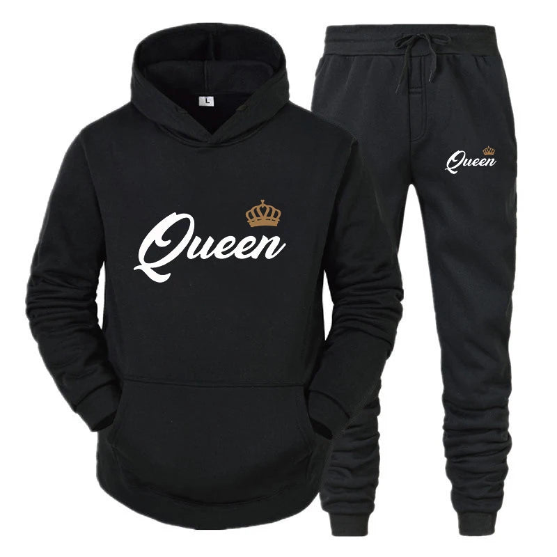 Co brandy Couple Sportwear 2025 Fashion Set KING QUEEN Printed Lover Hooded Suits Hoodie and Pants 2pcs Set Streetwear Men Women Clothing