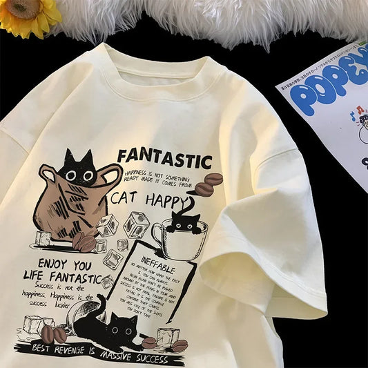 Co brandy New Men Women T Shirt Pullover Oversize Korean version Cartoon Cat Group Printed T-Shirt Casual Short Sleeve Couples T-Shirt