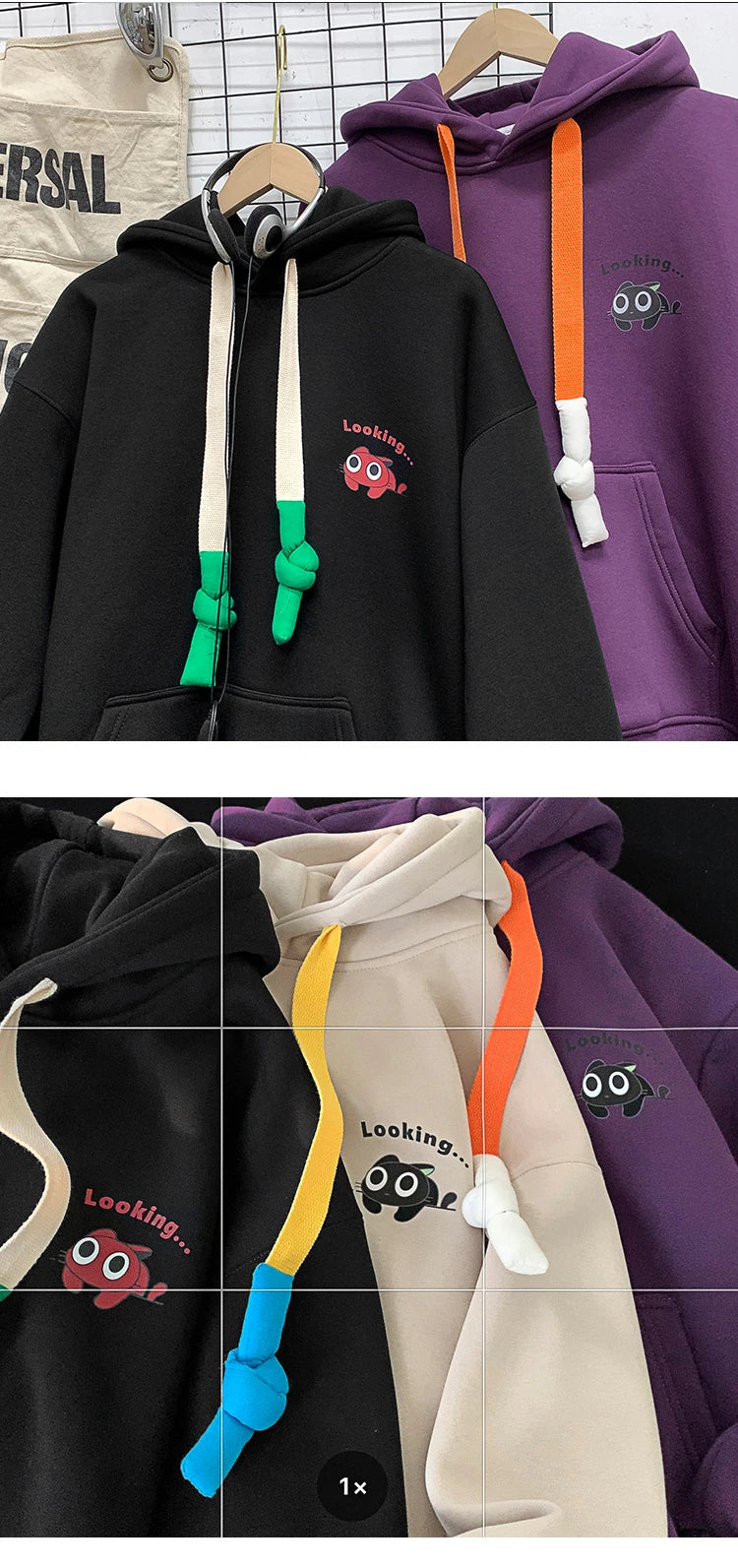 Co brandy Sweatshirt New Autumn Men's Women's Hoodie Drawstring Clash Color Cartoon Cat Pattern Hoodies Casual Male Hooded