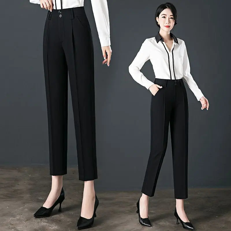 Co brandy Office Lady Fashion Slim Pencil Pants Spring Autumn New Women High Waist Elastic Solid Pocket Straight Korean Casual Trousers