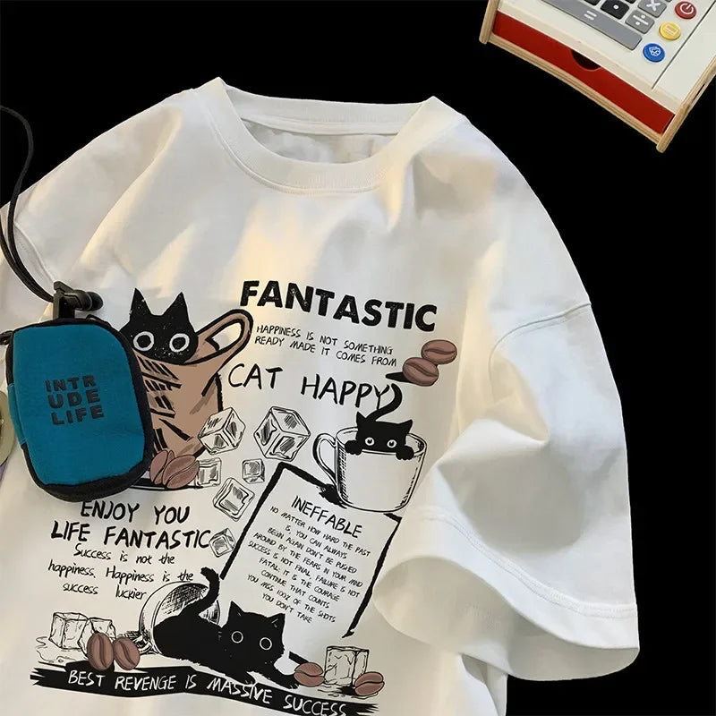 Co brandy New Men Women T Shirt Pullover Oversize Korean version Cartoon Cat Group Printed T-Shirt Casual Short Sleeve Couples T-Shirt