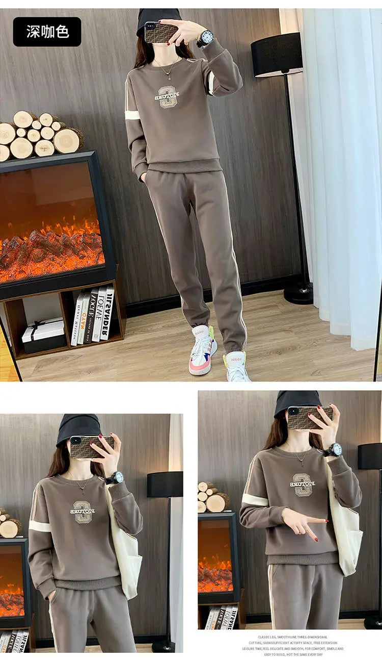 Co brandy High End Pure Cotton Casual Suit for Women's Spring and Autumn Thin 2025 Round Neck Oversized Running Suit Two Piece Set pant Set