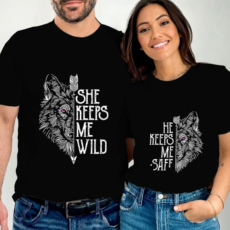 Co brandy She Keeps Me Wild He Keeps Me Safe Couple Matching Tshirt Lion Leopard Pattern Lovers Shirt Fashion Wife Husband Couple T Shirt