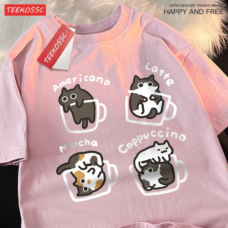 Co Brandy Cat Coffee Pure Cotton Trendy Summer Loose Short Sleeved T-shirt Men Women Original Mocha Latte Cat Three Flowers Fun Cat Tees