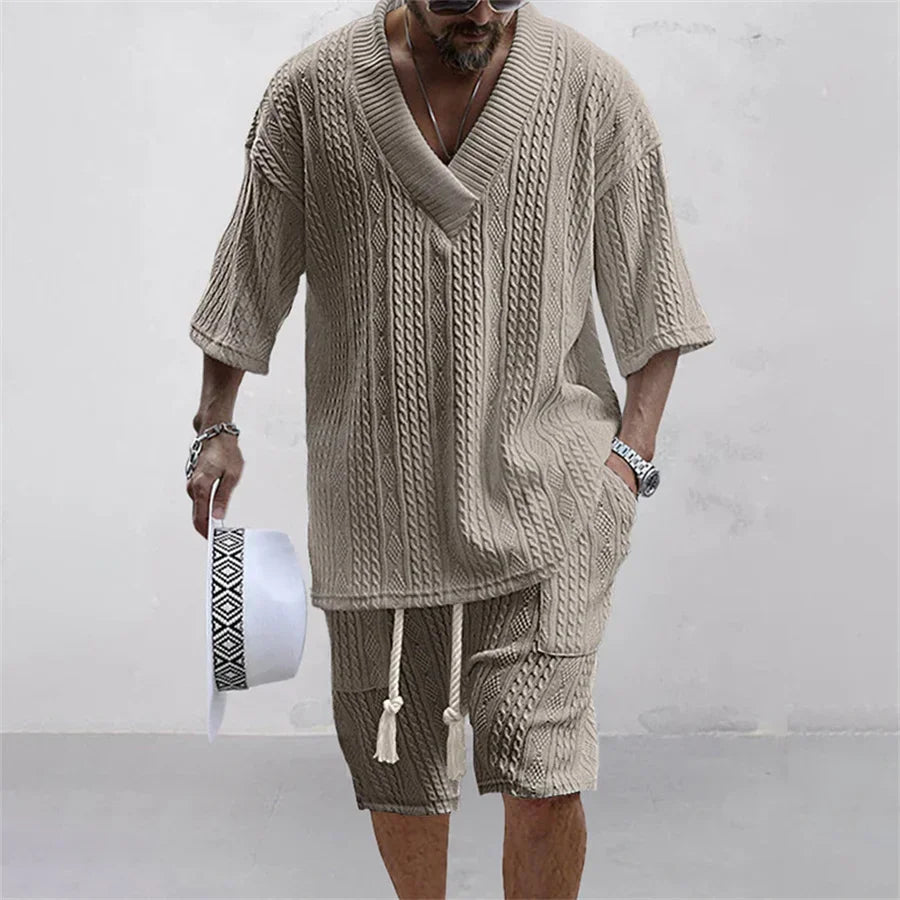 Co Brandy 2025 Summer Casual Shorts Set Knitted Two Piece Men's Clothing V-Neck Short Sleeve T-shirt and Shorts Streetwear Knit Outfits