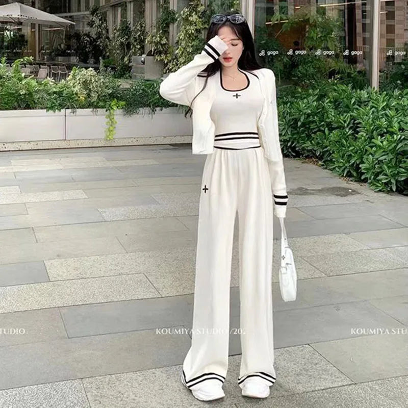 Co brandy New Knitted Set Women's Casual Cross Color Blocked Tank Top Knitted Cardigan Pants 3-Piece Set Sweater Matching Sets