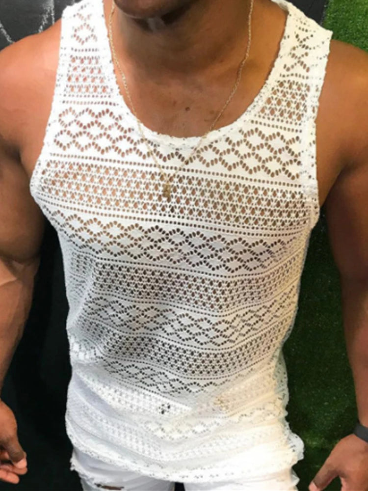 Co brandy Vest For Men 2025 Summer Sexy  Hollow Out Lace Tank Top Casual O-Neck Sleeveless Tops Pullover Men's Streetwear