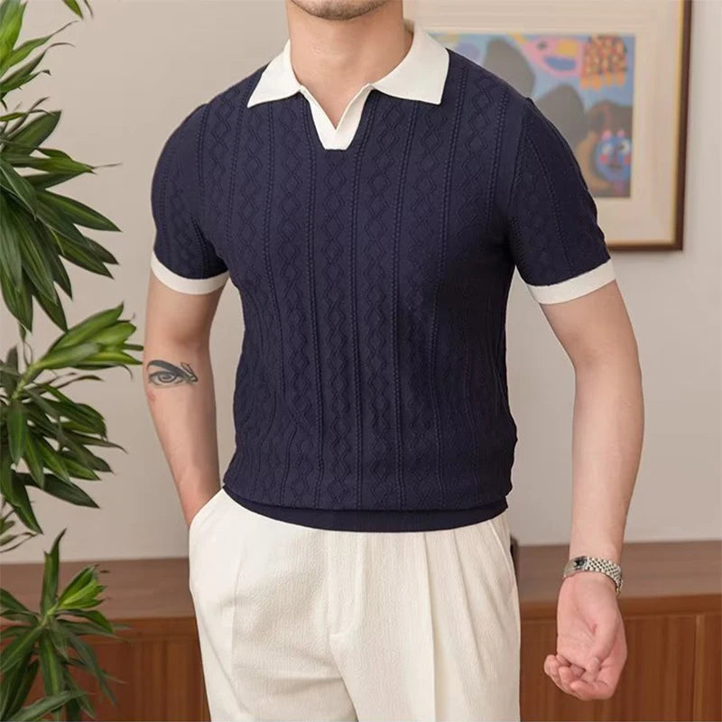 Co brandy Luxury Rhomboid Crochet Polo Shirt Men Summer Slim Fit Knitwear Casual Polo Collar Shirts Short Sleeve Men's Fashion New T-shirts