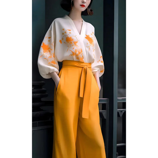 Co brandy 2025 Early Spring and Autumn New Maillard Fashion New Chinese Retro High End Slimming and Meat Covering Shirt Wide Leg Pants Set