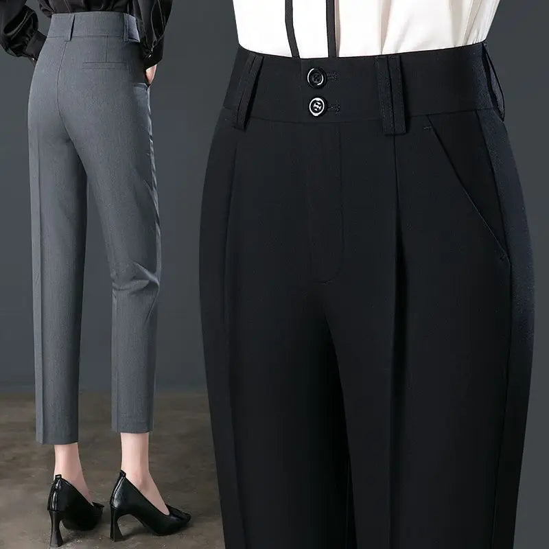 Co brandy Office Lady Fashion Slim Pencil Pants Spring Autumn New Women High Waist Elastic Solid Pocket Straight Korean Casual Trousers