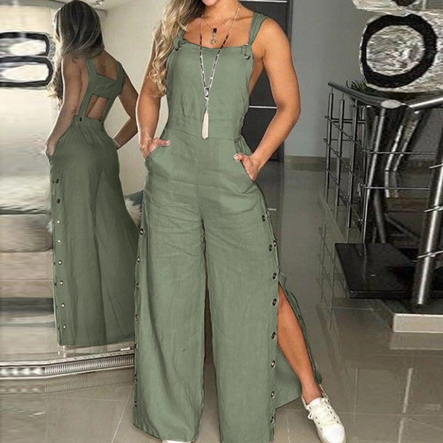 Co brandy Fashion Casual Side Slits Women's Jumpsuit Summer 2025 New Loose Sleeveless Overalls Wide Leg Jumpsuit Elegant Cotton Linen Suit