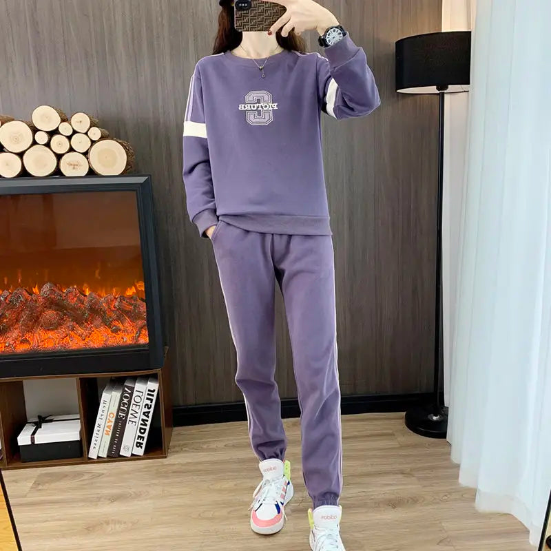 Co brandy High End Pure Cotton Casual Suit for Women's Spring and Autumn Thin 2025 Round Neck Oversized Running Suit Two Piece Set pant Set