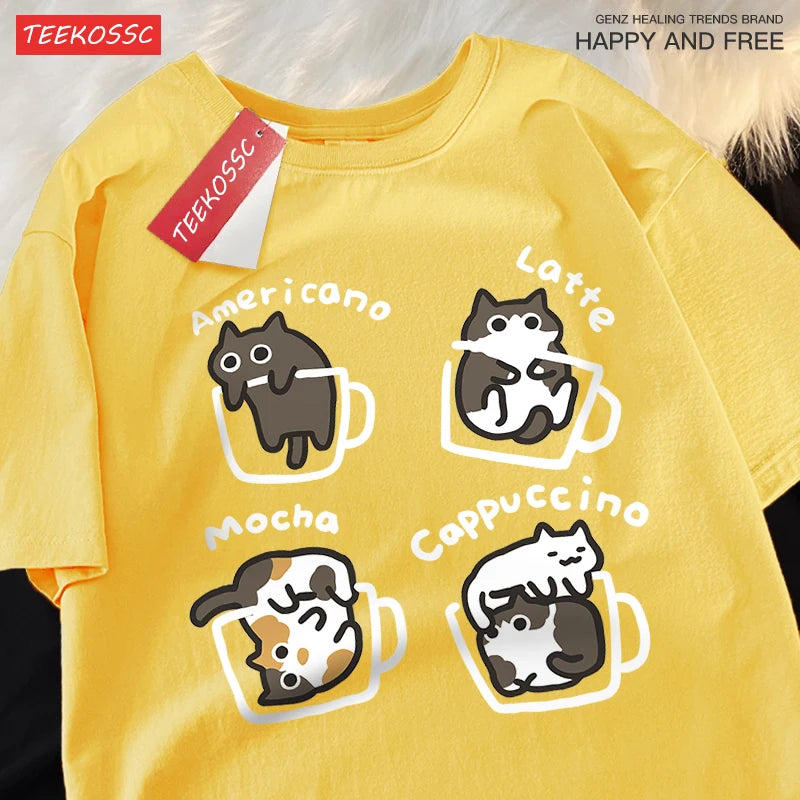 Co Brandy Cat Coffee Pure Cotton Trendy Summer Loose Short Sleeved T-shirt Men Women Original Mocha Latte Cat Three Flowers Fun Cat Tees