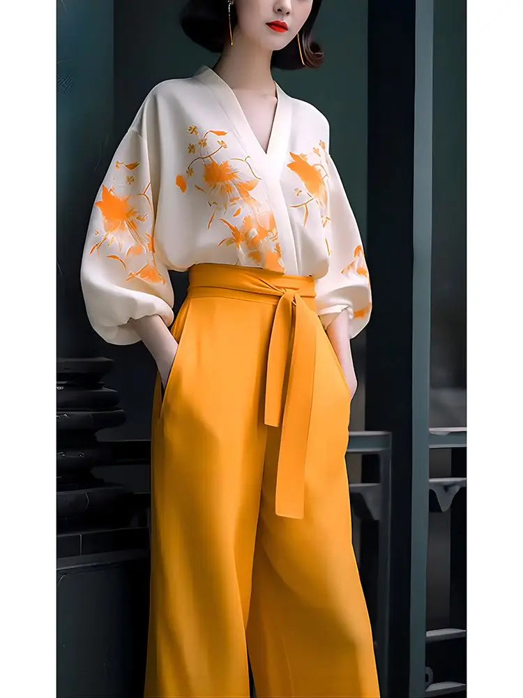 Co brandy 2025 Early Spring and Autumn New Maillard Fashion New Chinese Retro High End Slimming and Meat Covering Shirt Wide Leg Pants Set