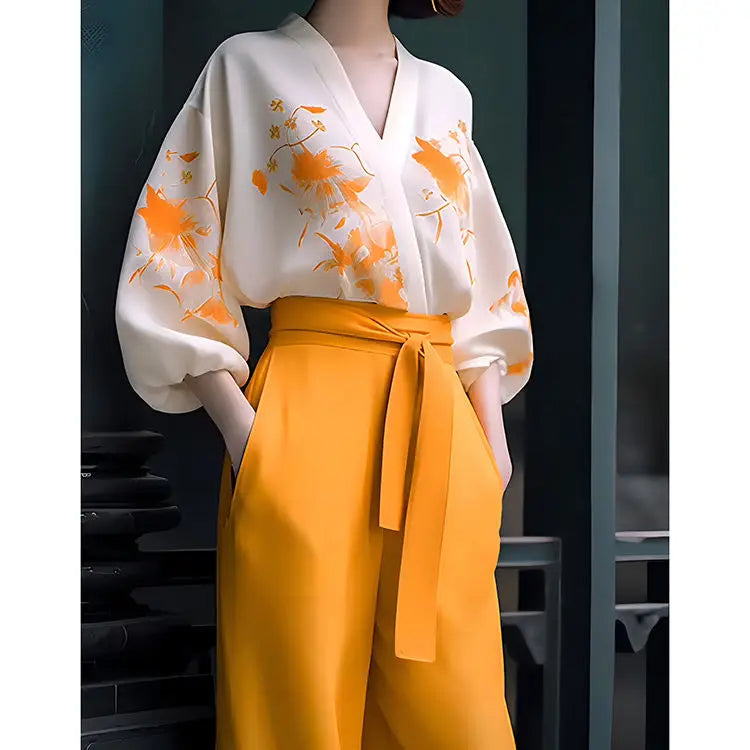 Co brandy 2025 Early Spring and Autumn New Maillard Fashion New Chinese Retro High End Slimming and Meat Covering Shirt Wide Leg Pants Set