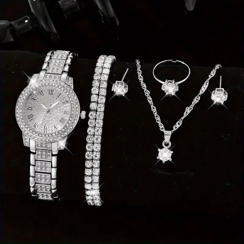 6PCS Women Watch Luxury Elegant Alloy Watch Crystal Wristwatch For Ladies Gift Quartz Watch Alloy Rhinestone Bracelet Montre