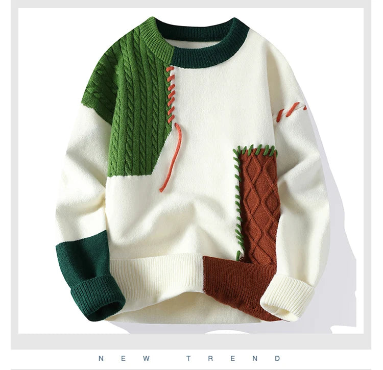 Co brandy 2025 Autumn Winter Warm Sweaters Patchwork Pullovers Korean Style Round Neck Knitted Sweater Men Women Fashion Knitwear