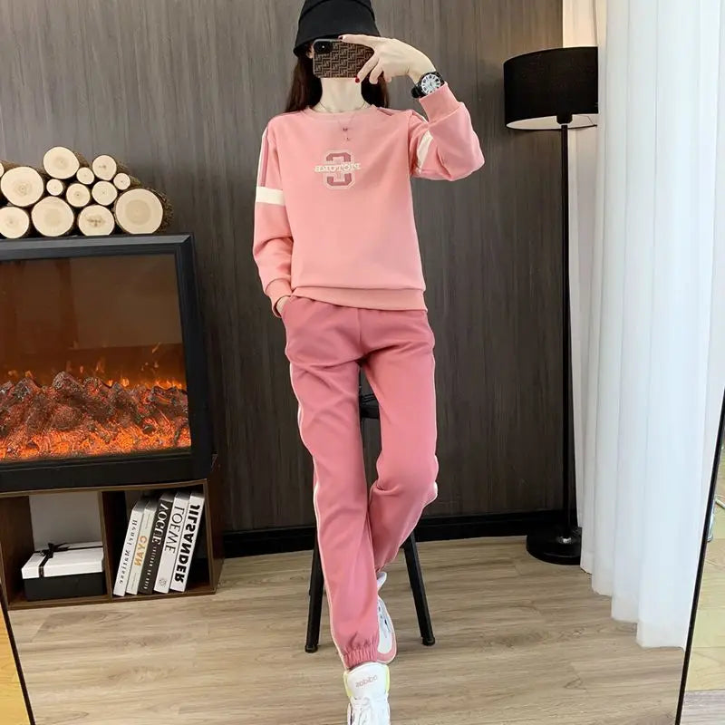 Co brandy High End Pure Cotton Casual Suit for Women's Spring and Autumn Thin 2025 Round Neck Oversized Running Suit Two Piece Set pant Set