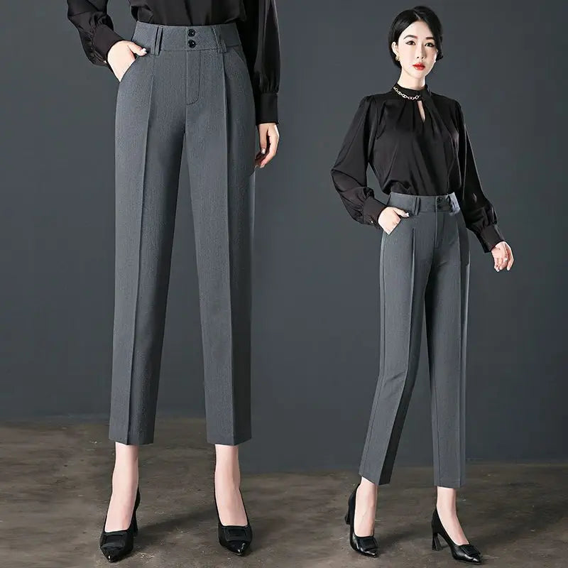 Co brandy Office Lady Fashion Slim Pencil Pants Spring Autumn New Women High Waist Elastic Solid Pocket Straight Korean Casual Trousers