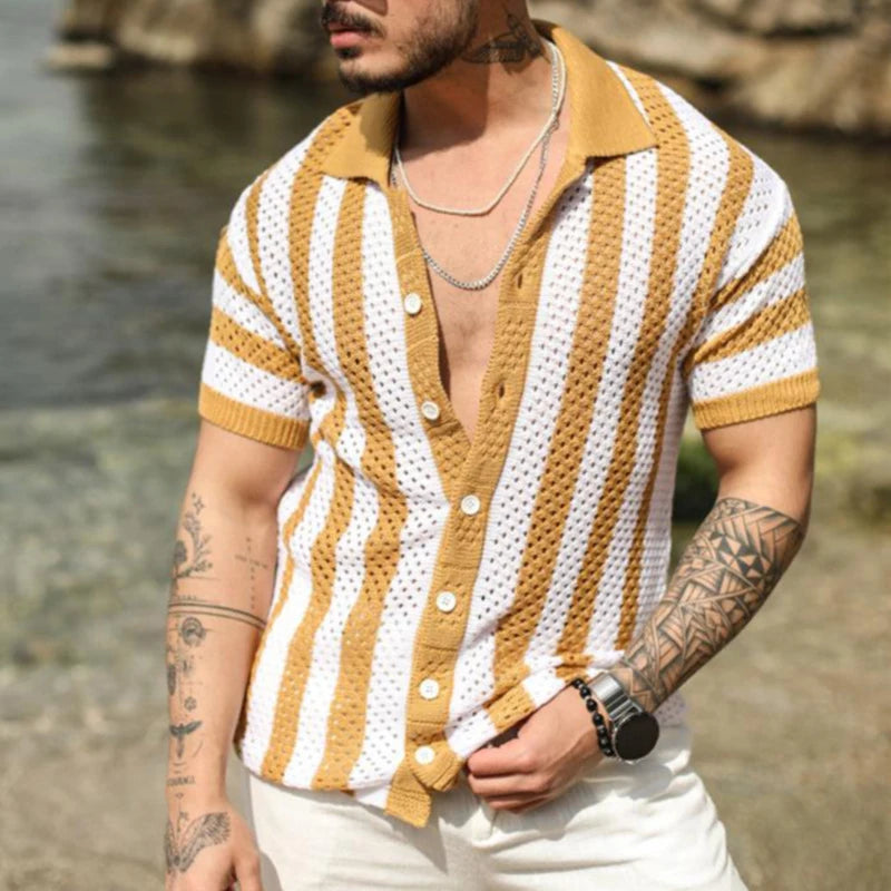 Co brandy Shirts Men's Fashion Hollow Out Breathable Beach Cardigan Shirt Short Sleeve Men's Summer Button Lapel Casual Knit Shirts