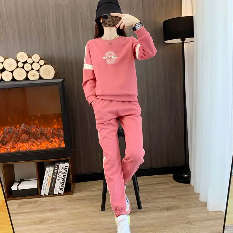 Co brandy High End Pure Cotton Casual Suit for Women's Spring and Autumn Thin 2025 Round Neck Oversized Running Suit Two Piece Set pant Set