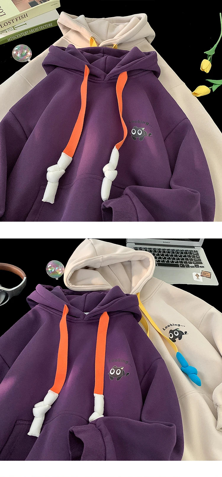 Co brandy Sweatshirt New Autumn Men's Women's Hoodie Drawstring Clash Color Cartoon Cat Pattern Hoodies Casual Male Hooded