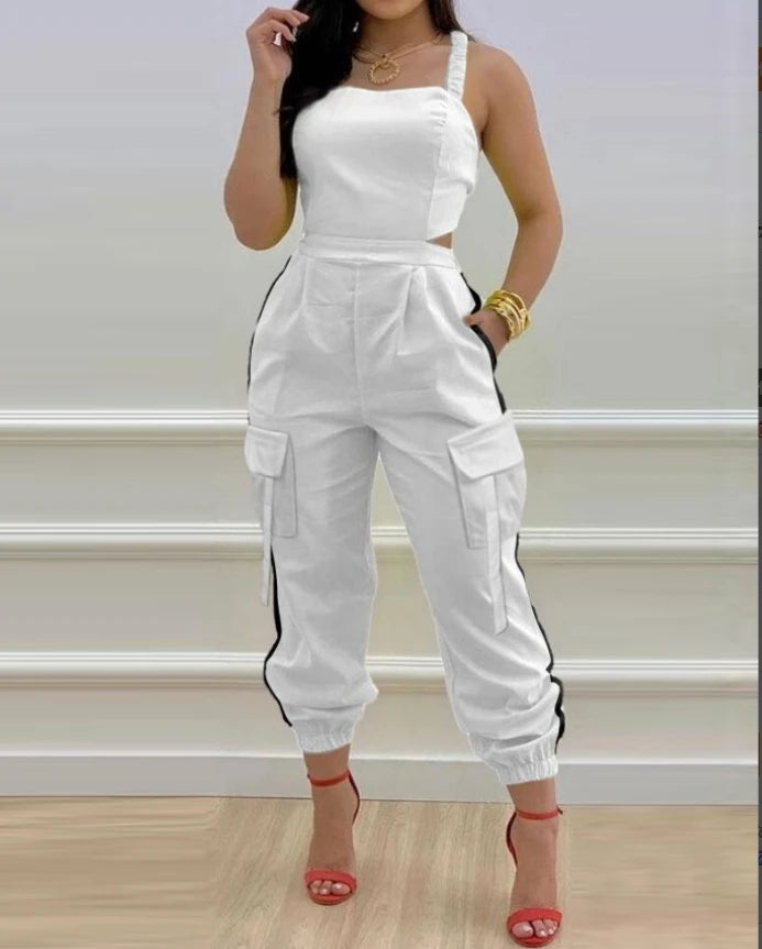 Co brandy Contrast Paneled Square Neck Sleeveless Jumpsuit Casual Shirred Pocket Design Cargo Romper