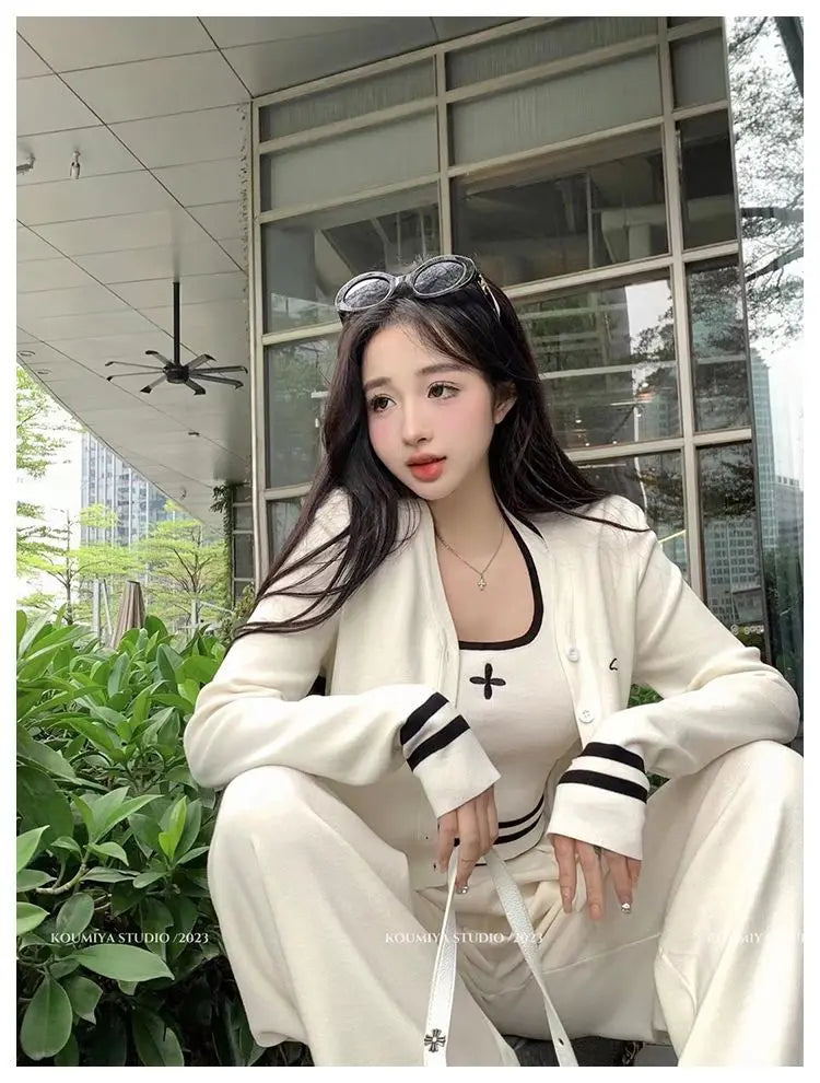 Co brandy New Knitted Set Women's Casual Cross Color Blocked Tank Top Knitted Cardigan Pants 3-Piece Set Sweater Matching Sets