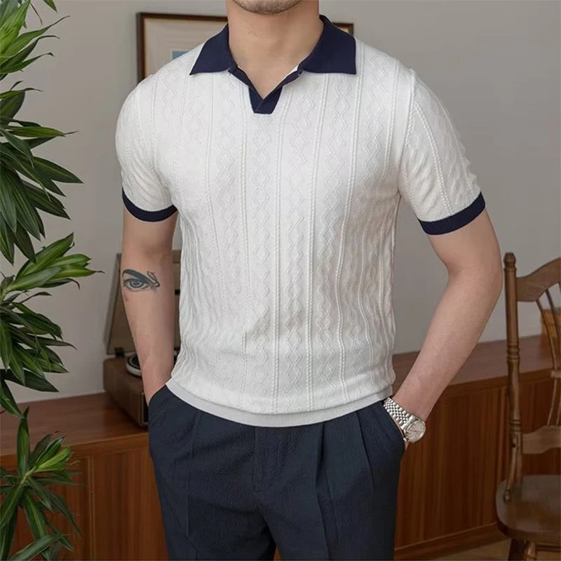 Co brandy Luxury Rhomboid Crochet Polo Shirt Men Summer Slim Fit Knitwear Casual Polo Collar Shirts Short Sleeve Men's Fashion New T-shirts