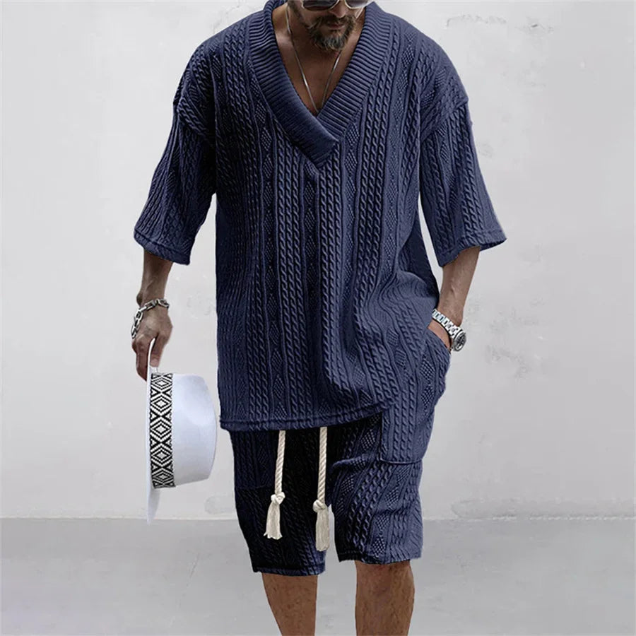 Co Brandy 2025 Summer Casual Shorts Set Knitted Two Piece Men's Clothing V-Neck Short Sleeve T-shirt and Shorts Streetwear Knit Outfits