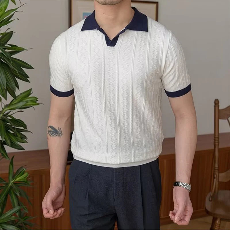 Co brandy Luxury Rhomboid Crochet Polo Shirt Men Summer Slim Fit Knitwear Casual Polo Collar Shirts Short Sleeve Men's Fashion New T-shirts