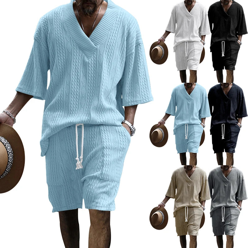 Co brandy 2PCS Men's Premium V-Neck Knitwear Set - Soft Lounge Top & Shorts