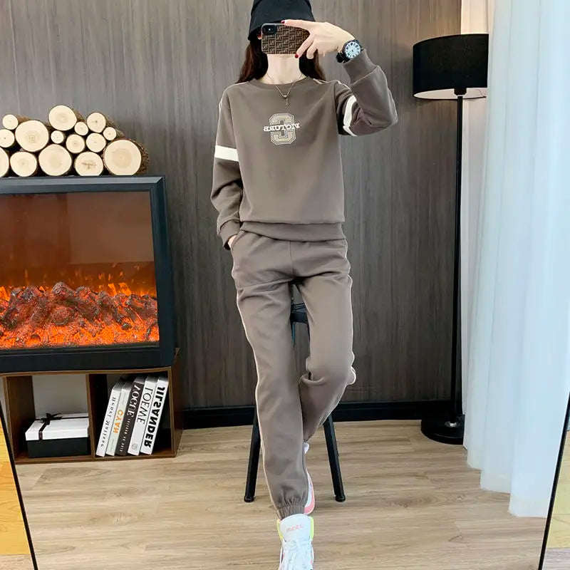 Co brandy High End Pure Cotton Casual Suit for Women's Spring and Autumn Thin 2025 Round Neck Oversized Running Suit Two Piece Set pant Set