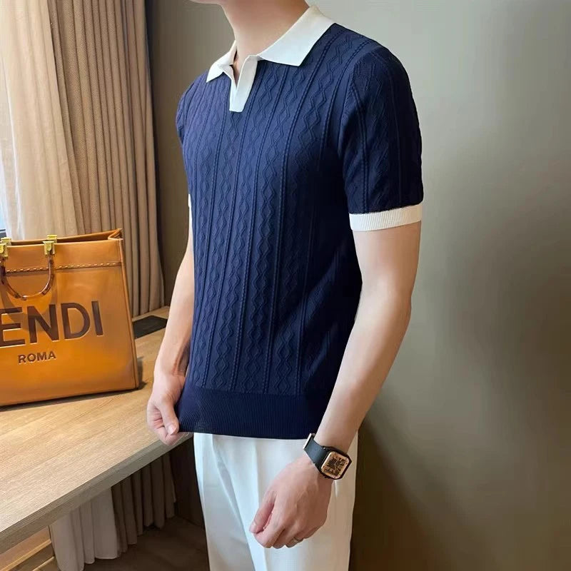 Co brandy Luxury Rhomboid Crochet Polo Shirt Men Summer Slim Fit Knitwear Casual Polo Collar Shirts Short Sleeve Men's Fashion New T-shirts