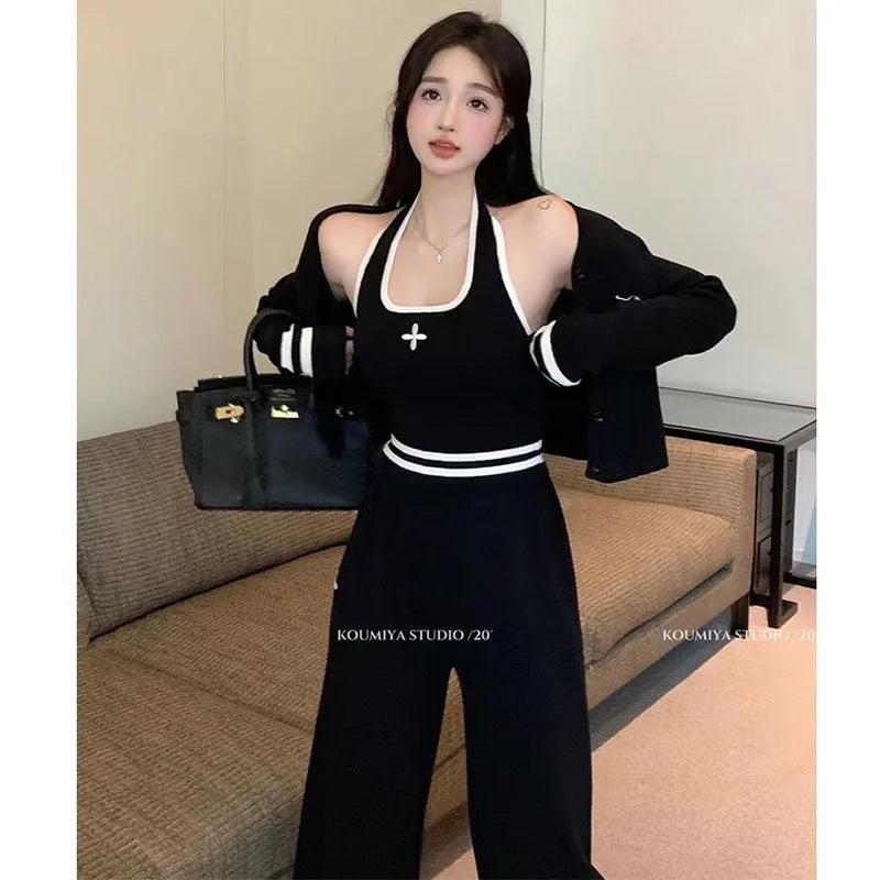 Co brandy New Knitted Set Women's Casual Cross Color Blocked Tank Top Knitted Cardigan Pants 3-Piece Set Sweater Matching Sets