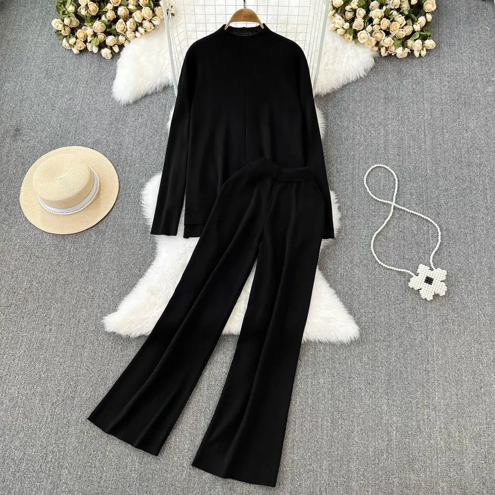 Co brandy Fashion Suit Women's Standing Collar Long Sleeved Irregular Knitted Top Two-piece Set High Waist Slimming Straight Leg Wide Leg