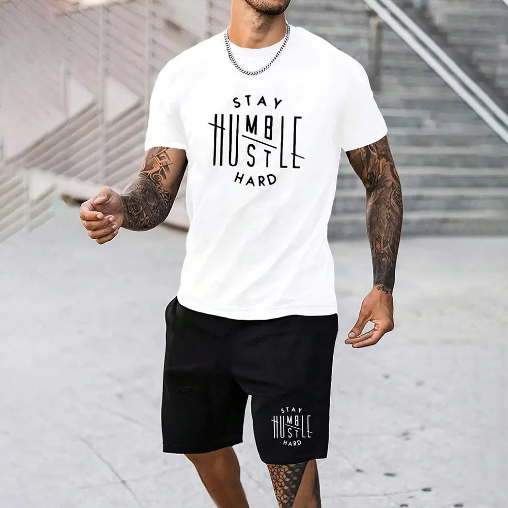 Co brandy Men's T-shirt And Shorts 2-piece Set Plus Size Men's Clothing Fashion Letter Printed Short Sleeve T Shirt Set Drawstring Shorts