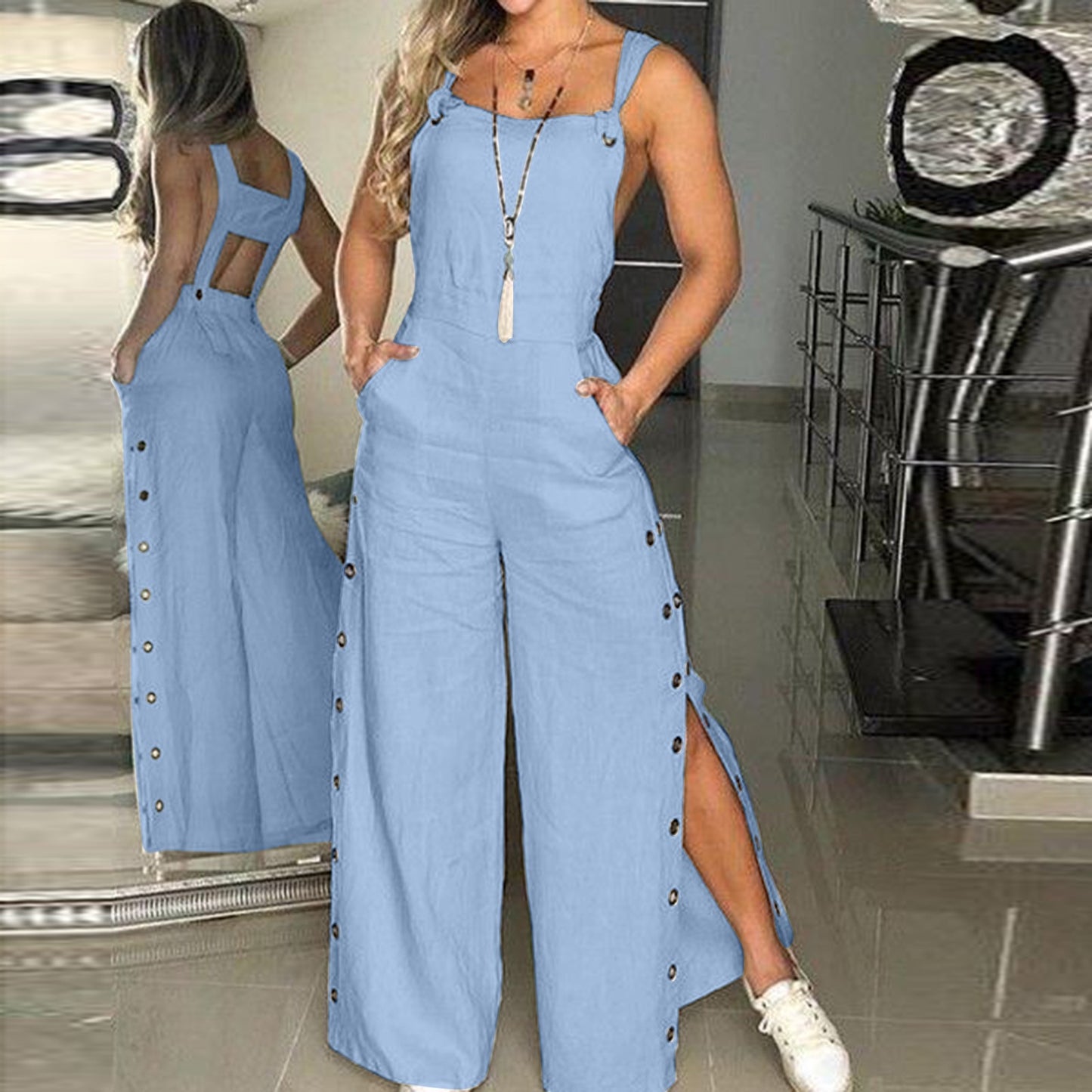 Co brandy Fashion Casual Side Slits Women's Jumpsuit Summer 2025 New Loose Sleeveless Overalls Wide Leg Jumpsuit Elegant Cotton Linen Suit