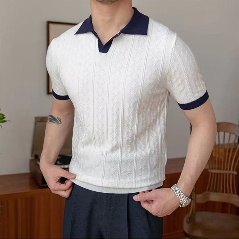 Co brandy Luxury Rhomboid Crochet Polo Shirt Men Summer Slim Fit Knitwear Casual Polo Collar Shirts Short Sleeve Men's Fashion New T-shirts