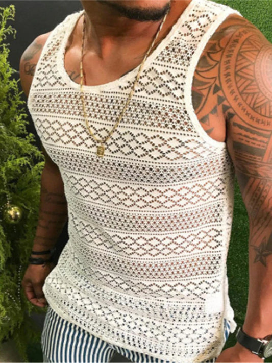 Co brandy Vest For Men 2025 Summer Sexy  Hollow Out Lace Tank Top Casual O-Neck Sleeveless Tops Pullover Men's Streetwear