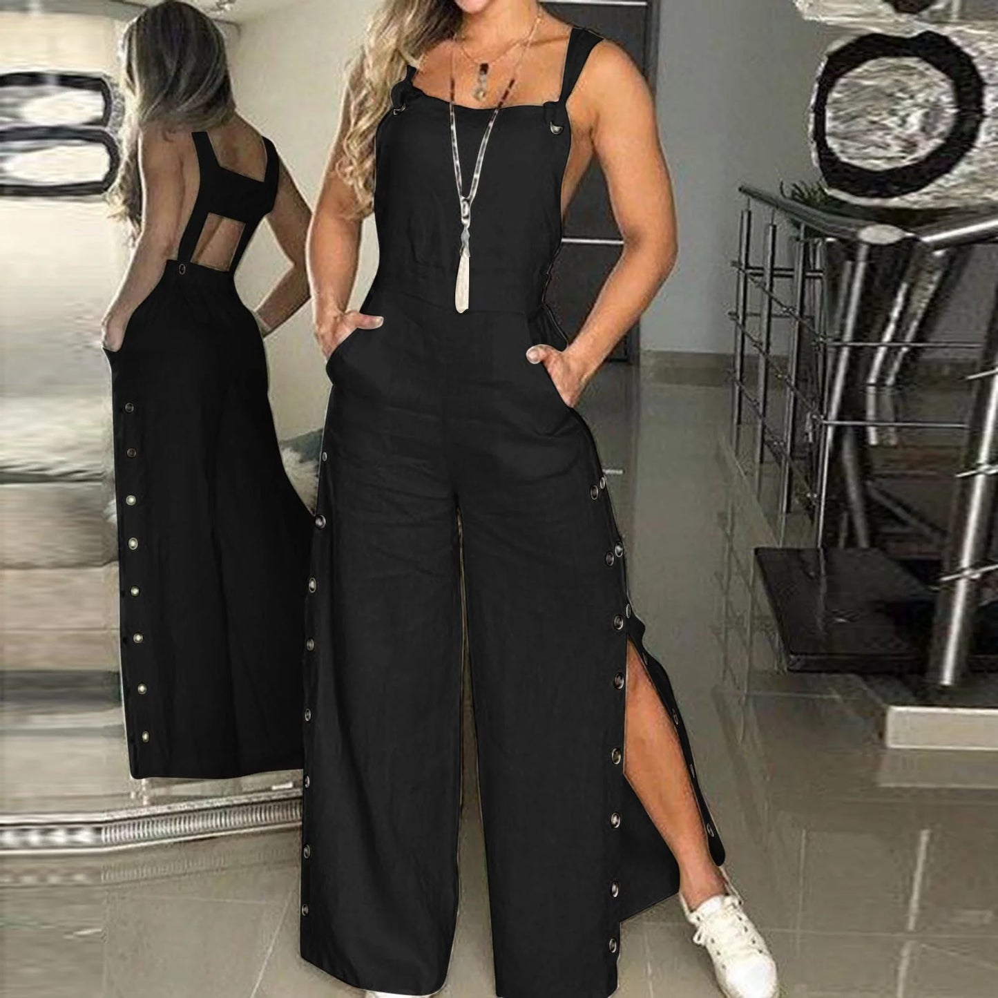 Co brandy Fashion Casual Side Slits Women's Jumpsuit Summer 2025 New Loose Sleeveless Overalls Wide Leg Jumpsuit Elegant Cotton Linen Suit