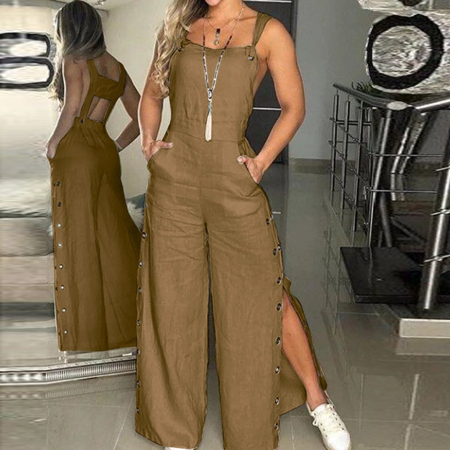 Co brandy Fashion Casual Side Slits Women's Jumpsuit Summer 2025 New Loose Sleeveless Overalls Wide Leg Jumpsuit Elegant Cotton Linen Suit