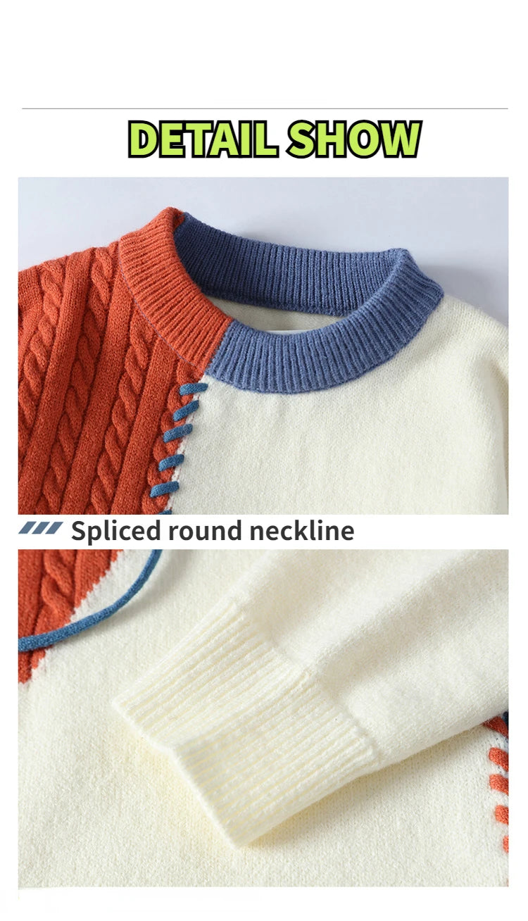 Co brandy 2025 Autumn Winter Warm Sweaters Patchwork Pullovers Korean Style Round Neck Knitted Sweater Men Women Fashion Knitwear