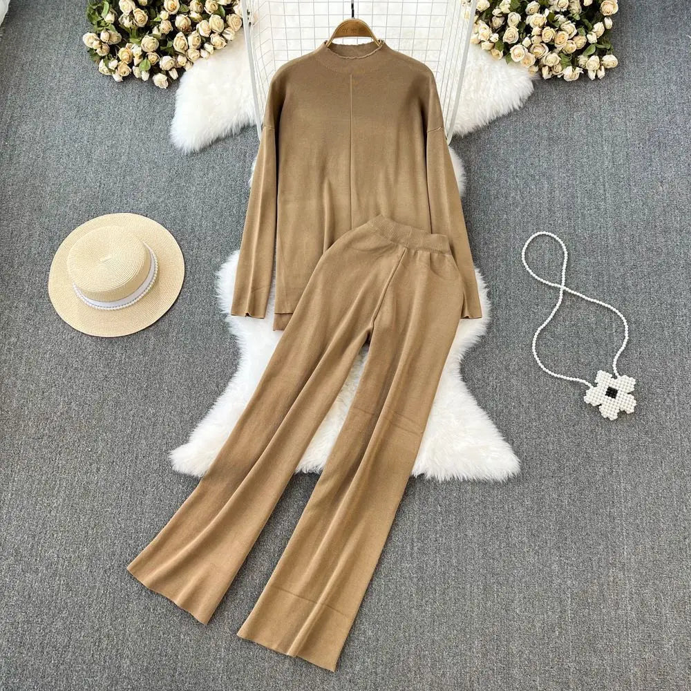 Co brandy Fashion Suit Women's Standing Collar Long Sleeved Irregular Knitted Top Two-piece Set High Waist Slimming Straight Leg Wide Leg