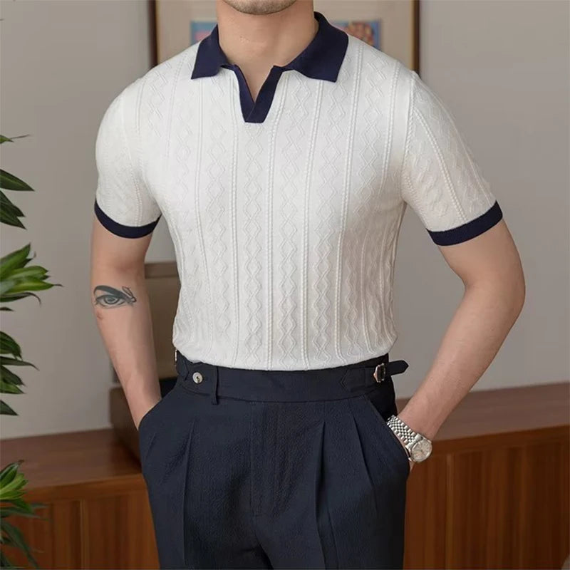 Co brandy Luxury Rhomboid Crochet Polo Shirt Men Summer Slim Fit Knitwear Casual Polo Collar Shirts Short Sleeve Men's Fashion New T-shirts