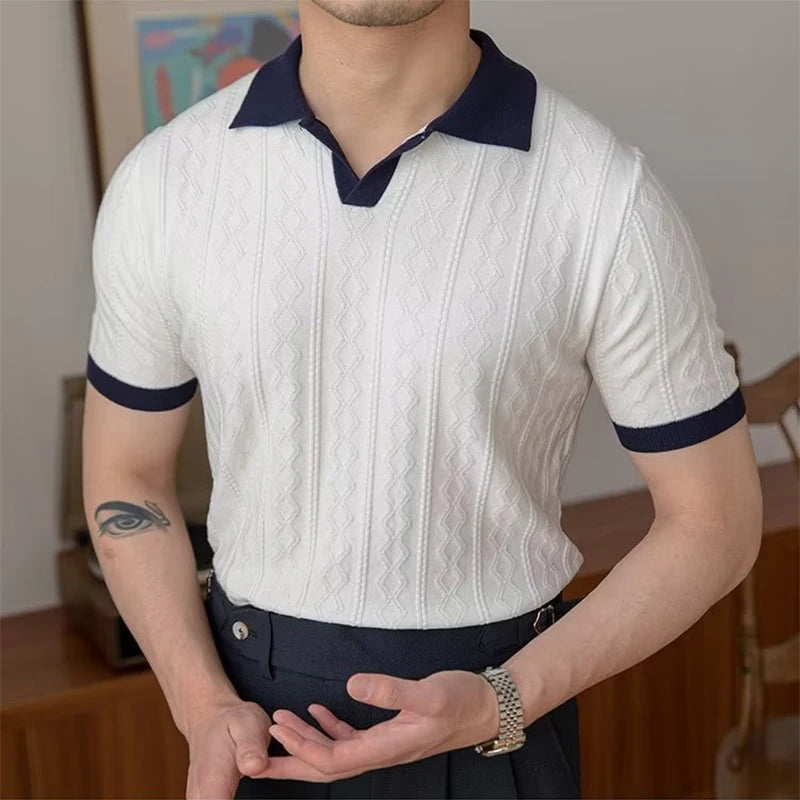 Co brandy Luxury Rhomboid Crochet Polo Shirt Men Summer Slim Fit Knitwear Casual Polo Collar Shirts Short Sleeve Men's Fashion New T-shirts