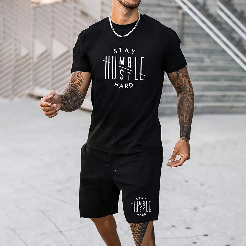 Co brandy Men's T-shirt And Shorts 2-piece Set Plus Size Men's Clothing Fashion Letter Printed Short Sleeve T Shirt Set Drawstring Shorts